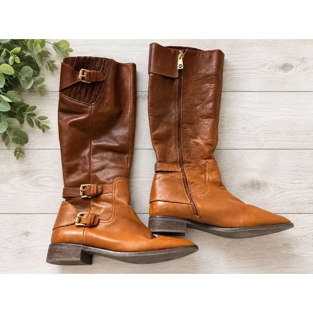 Michael Kors Preston Tall Riding Boots Brown Leather Knee High Buckle 10M